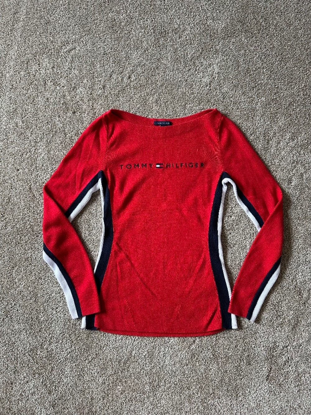 Tommy Hilfiger Red Knit Top Y2K Embroidered Logo Navy White Stripe Sweater S